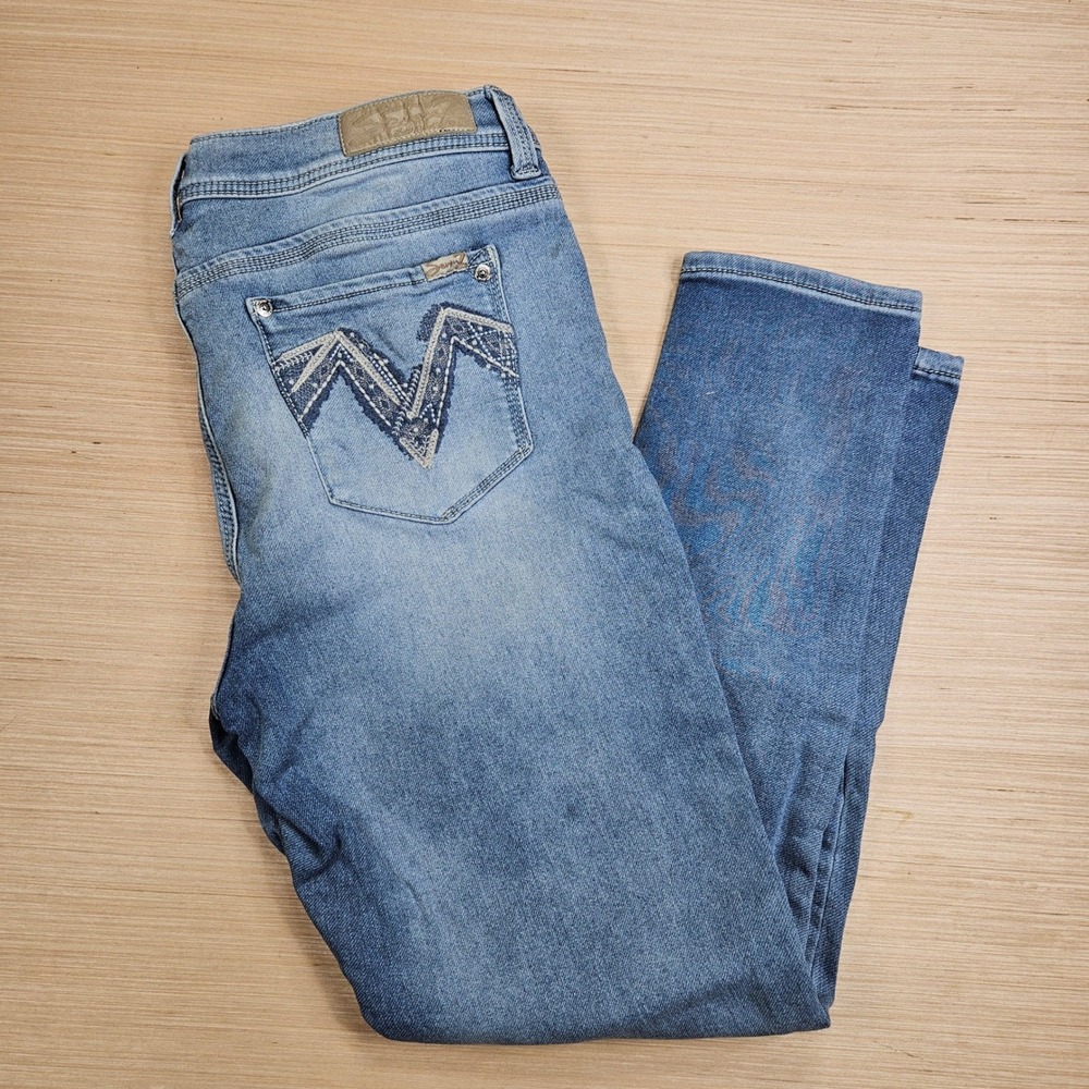 Seven7 Girlfriend Jeans Womens 12 32x28 Blue Embroidered Pockets Stretch Denim